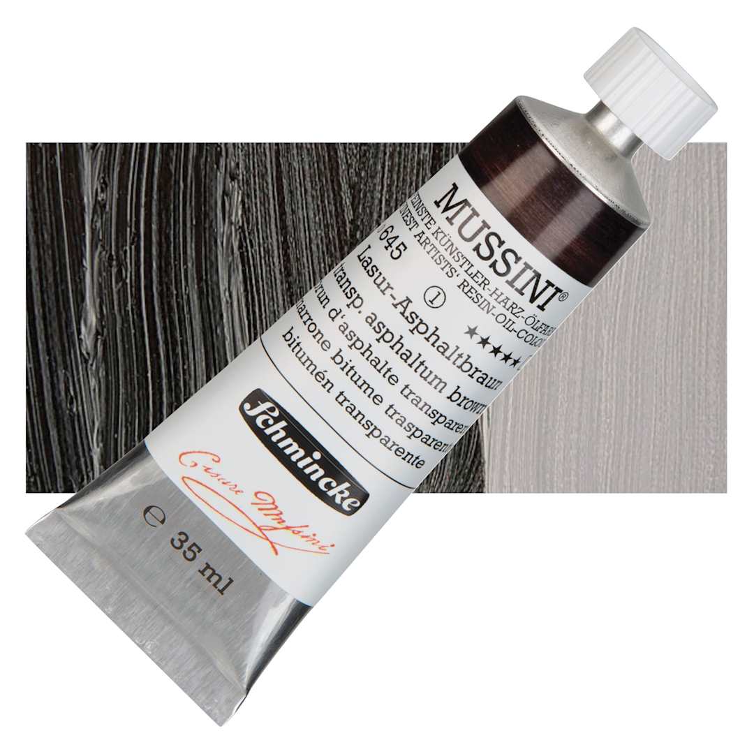 Open in modal - Schmincke Mussini Oil Color - Transparent, Asphaltum Brown Translucent, 35 ml Tube and swatch