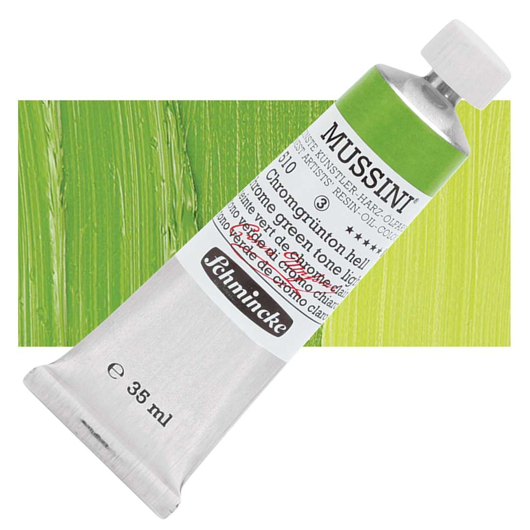 Open in modal - Schmincke Mussini Oil Color - Chrome Green Tone Light, 35 ml tube and swatch