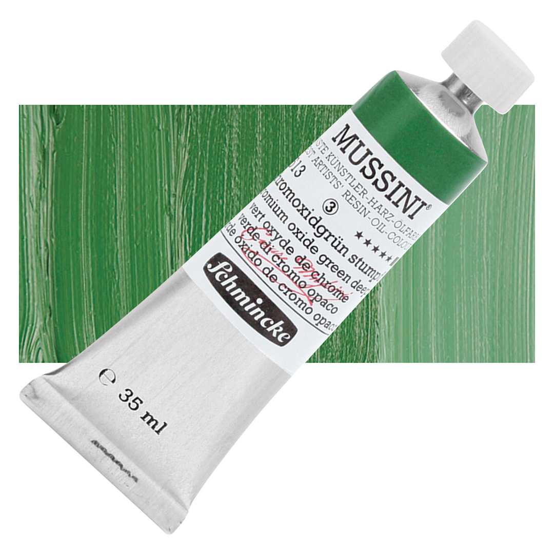 Open in modal - Schmincke Mussini Oil Color - Chromium Oxide Green Deep, 35 ml tube and swatch
