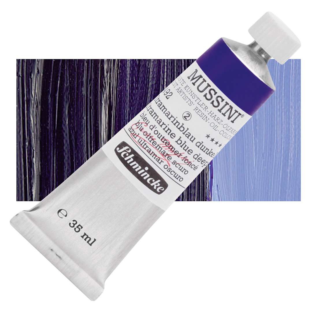 Open in modal - Schmincke Mussini Oil Color - Ultramarine Blue Deep, 35 ml tube and swatch