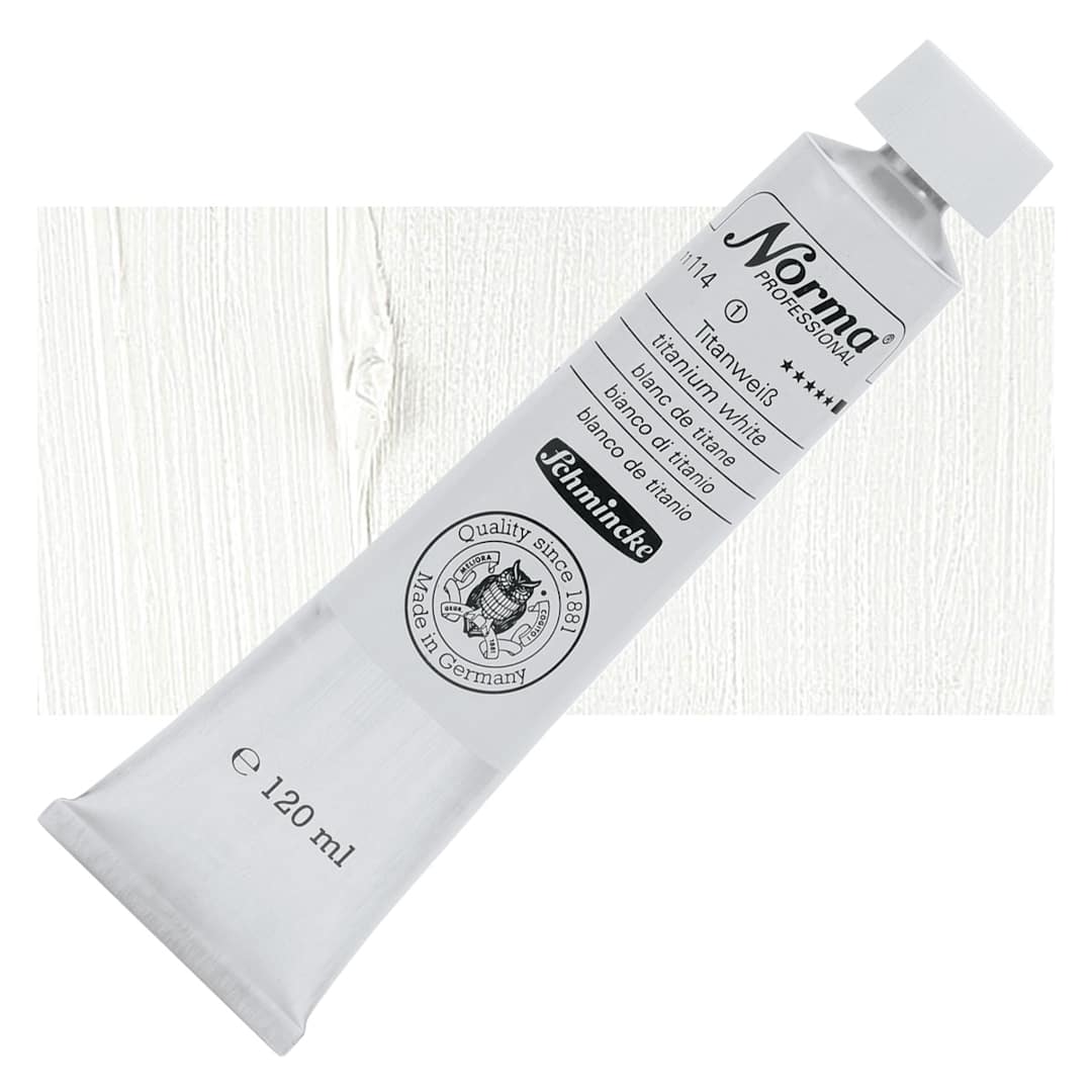 Open in modal - Schmincke Norma Professional Oil Paint - Titanium White, 120 ml, Tube and swatch