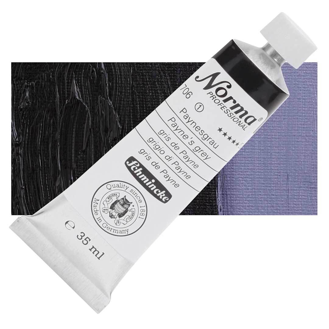 Open in modal - Schmincke Norma Professional Oil Paint - Payne's Grey, 35 ml, Tube and swatch