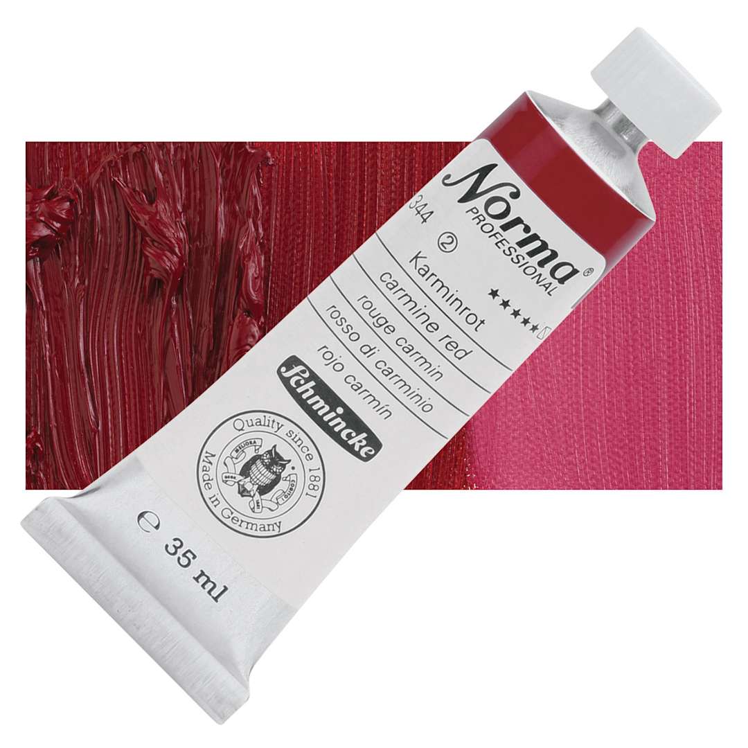 Open in modal - Schmincke Norma Professional Oil Paint - Carmine Red, 35 ml, Tube and swatch