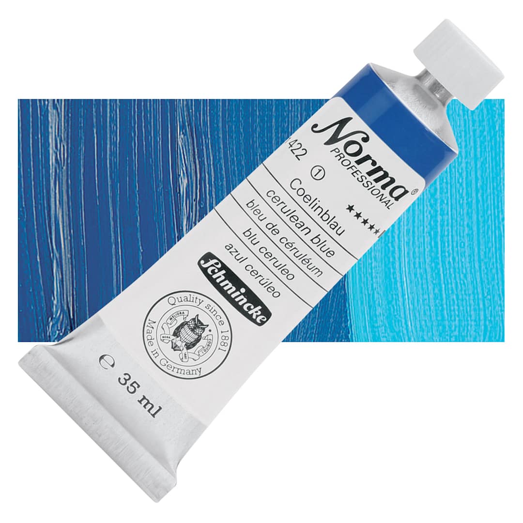 Open in modal - Schmincke Norma Professional Oil Paint - Cerulean Blue, 35 ml, Tube and swatch