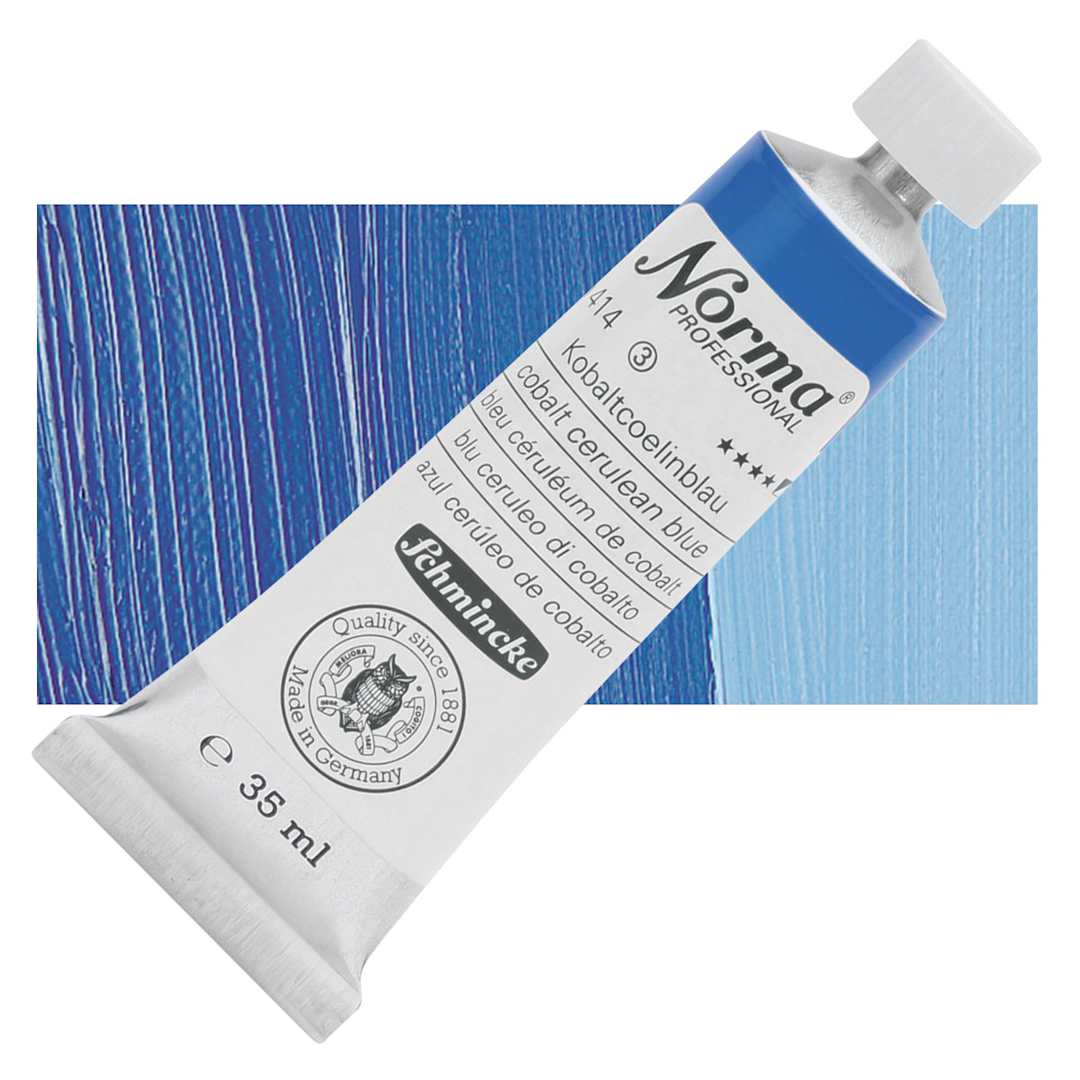 Open in modal - Schmincke Norma Professional Oil Paint - Cobalt Cerulean Blue, 35 ml, Tube and swatch