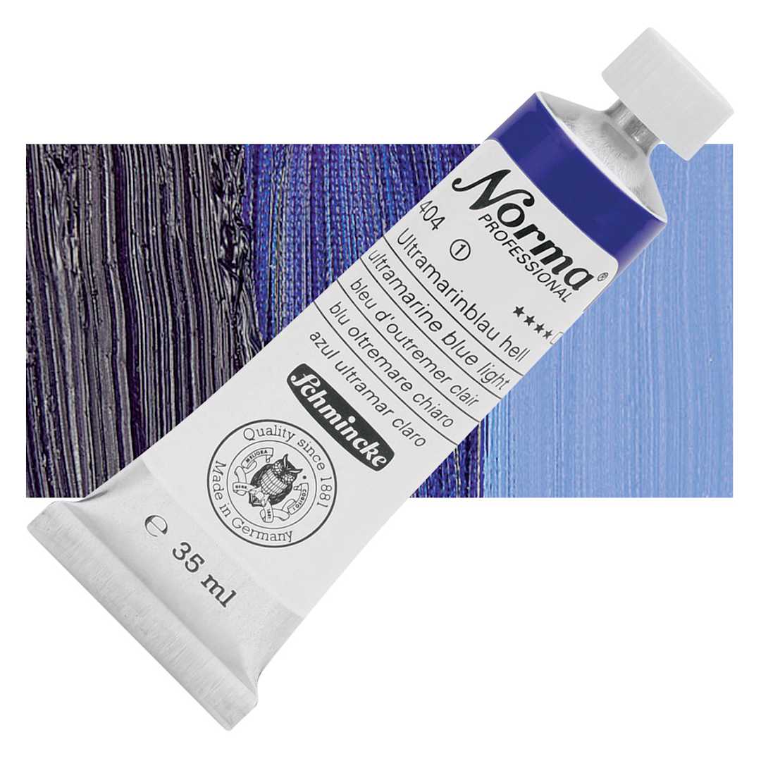 Open in modal - Schmincke Norma Professional Oil Paint - Ultramarine Blue Light, 35 ml, Tube and swatch