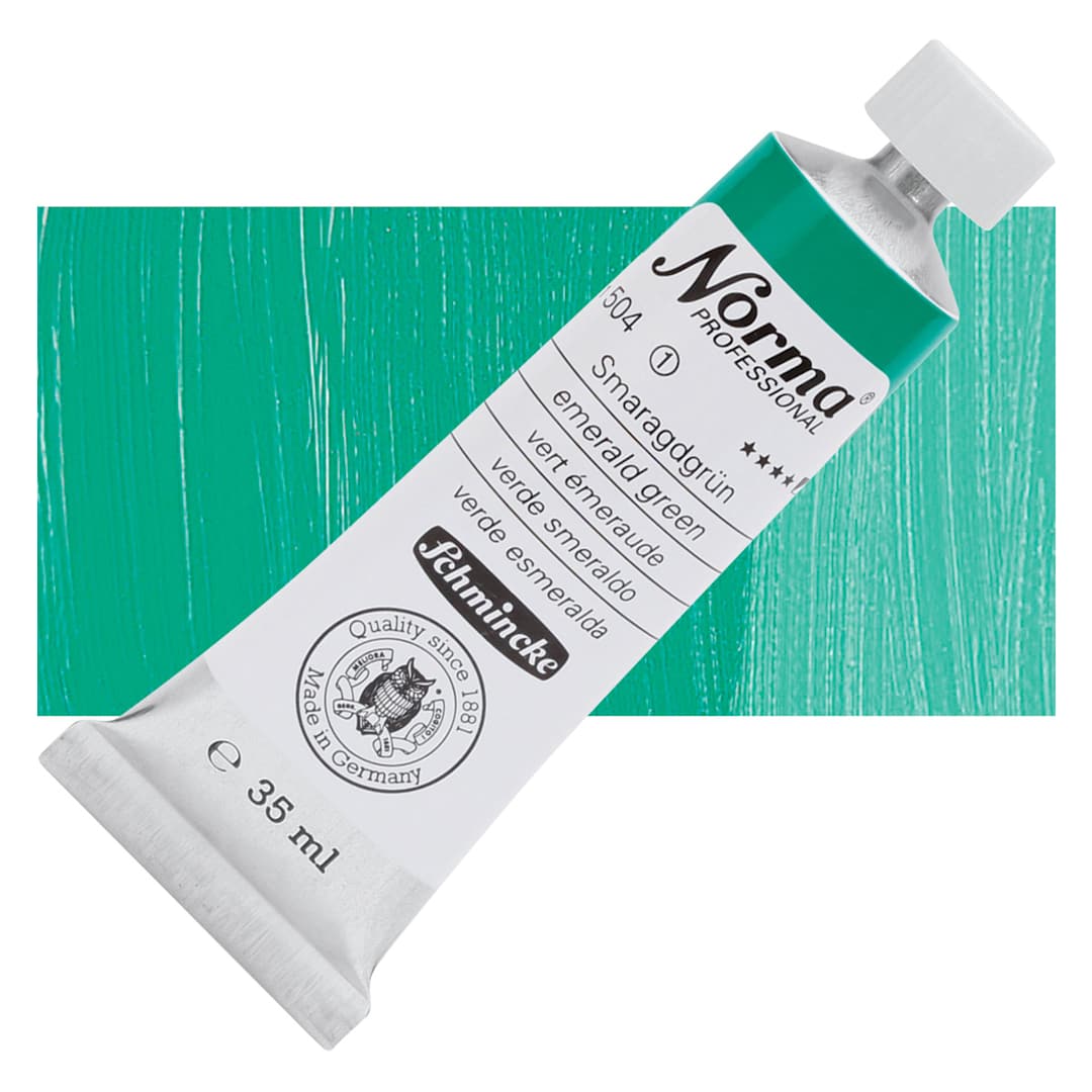 Open in modal - Schmincke Norma Professional Oil Paint - Emerald Green, 35 ml, Tube and swatch