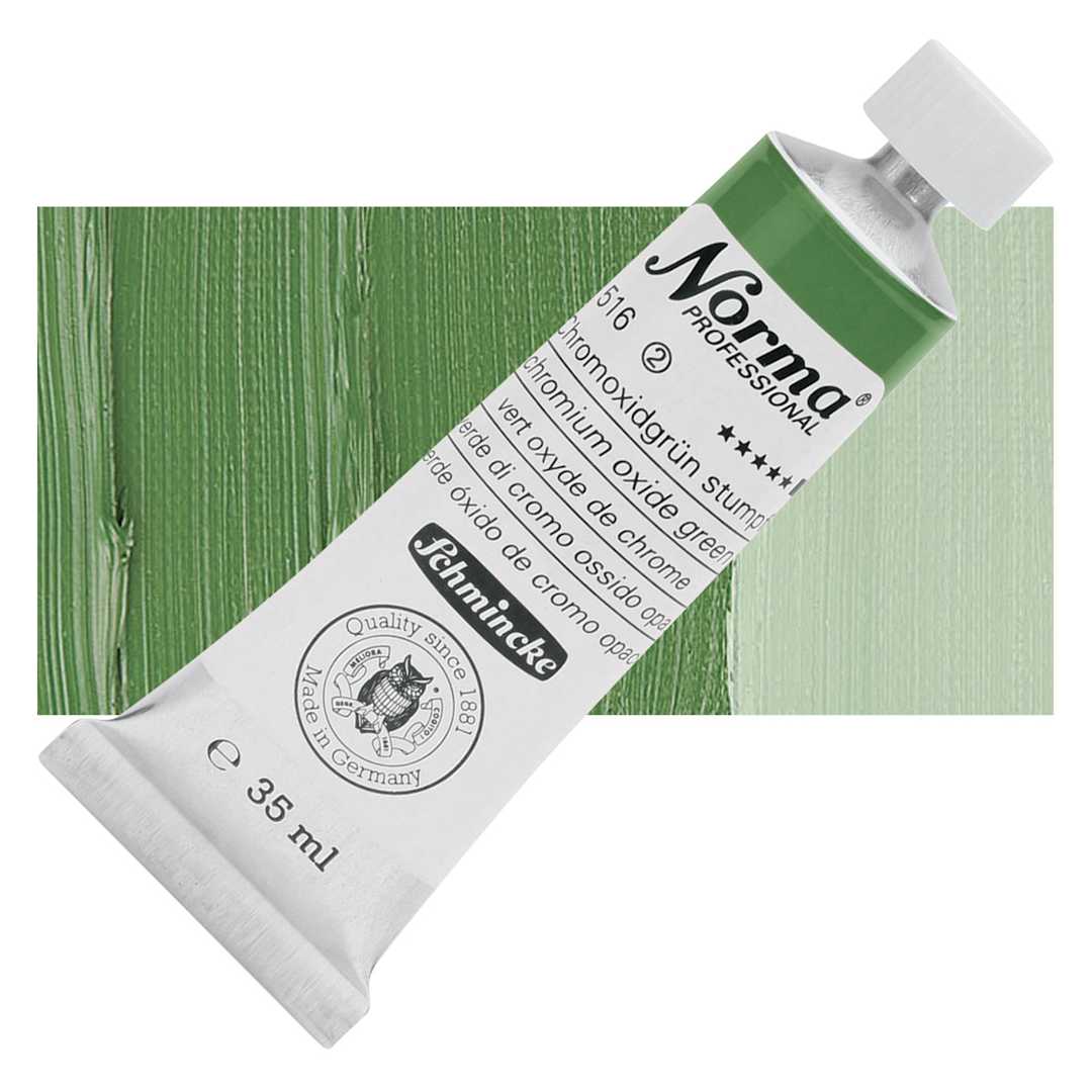 Open in modal - Schmincke Norma Professional Oil Paint - Chromium Oxide Green, 35 ml, Tube and swatch