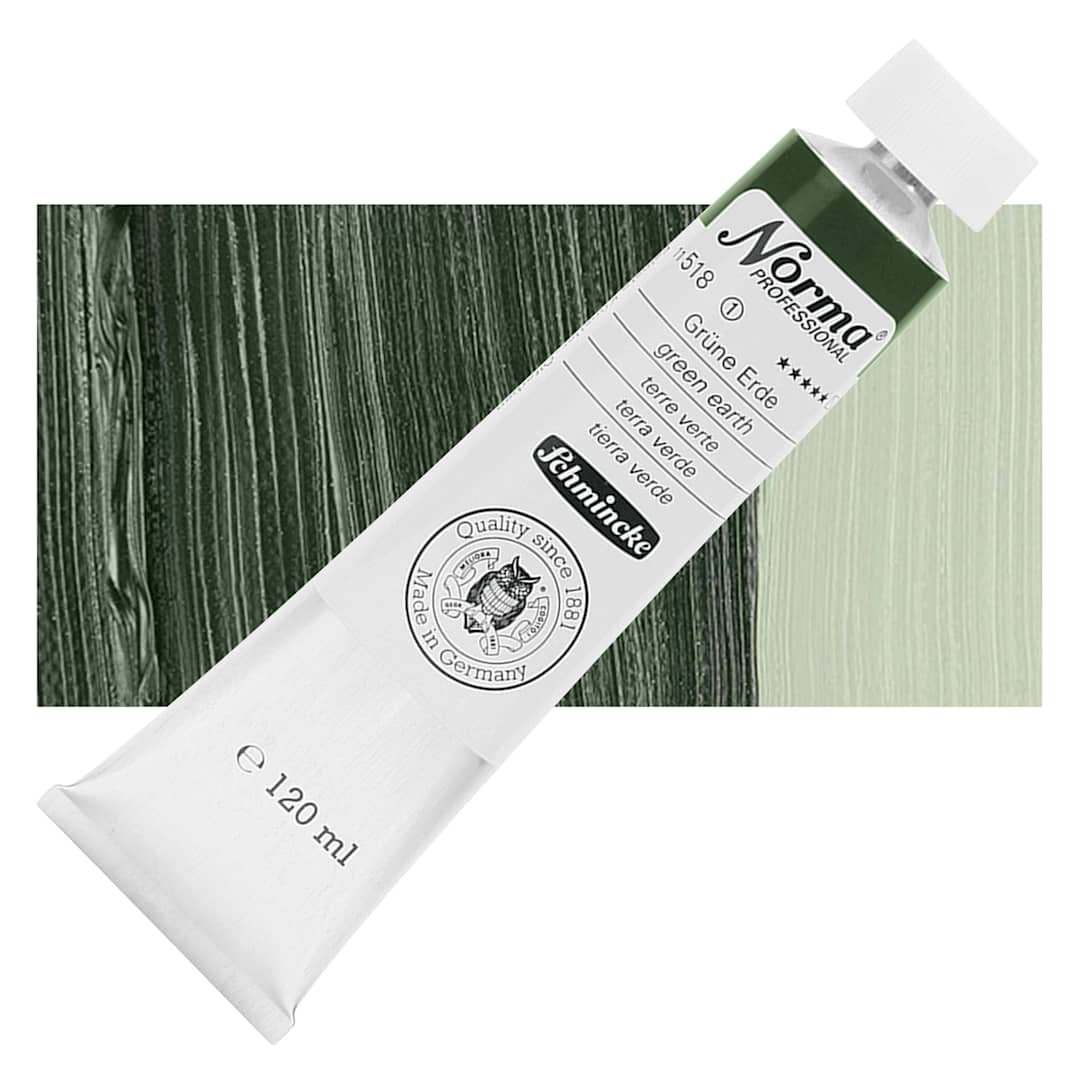 Open in modal - Schmincke Norma Professional Oil Paint - Green Earth, 120 ml, Tube and swatch