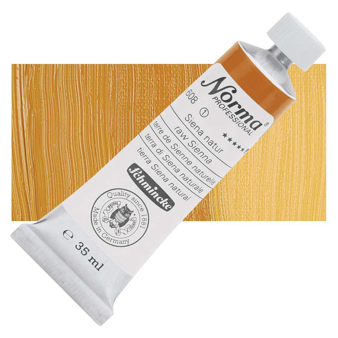 Open in modal - Schmincke Norma Professional Oil Paint - Raw Sienna, 35 ml, Tube and swatch