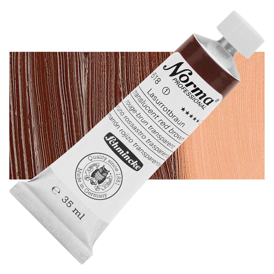 Open in modal - Schmincke Norma Professional Oil Paint - Translucent Red Brown, 35 ml, Tube and swatch