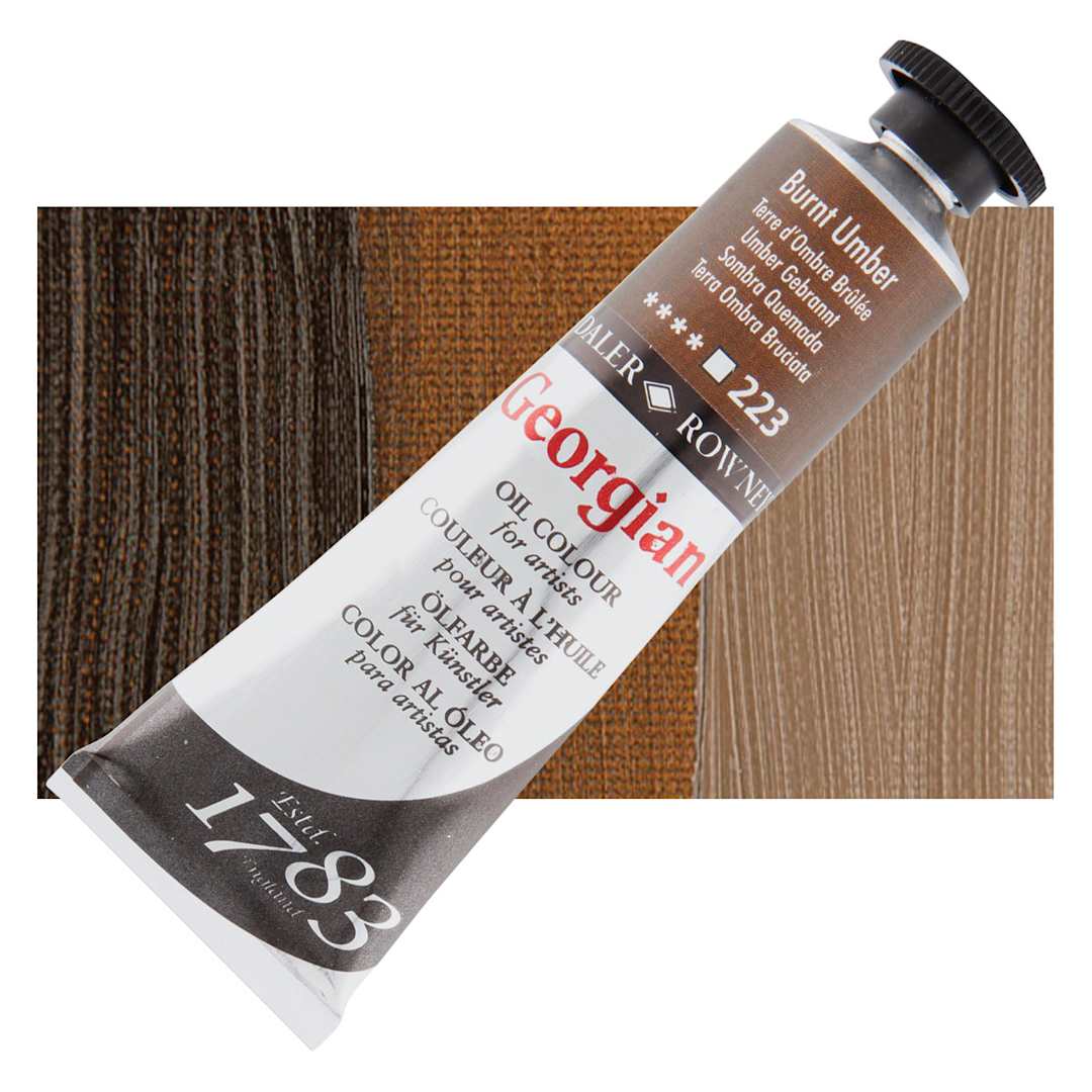 Open in modal - Daler-Rowney Georgian Oil Color - Burnt Umber, 38 ml tube and swatch
