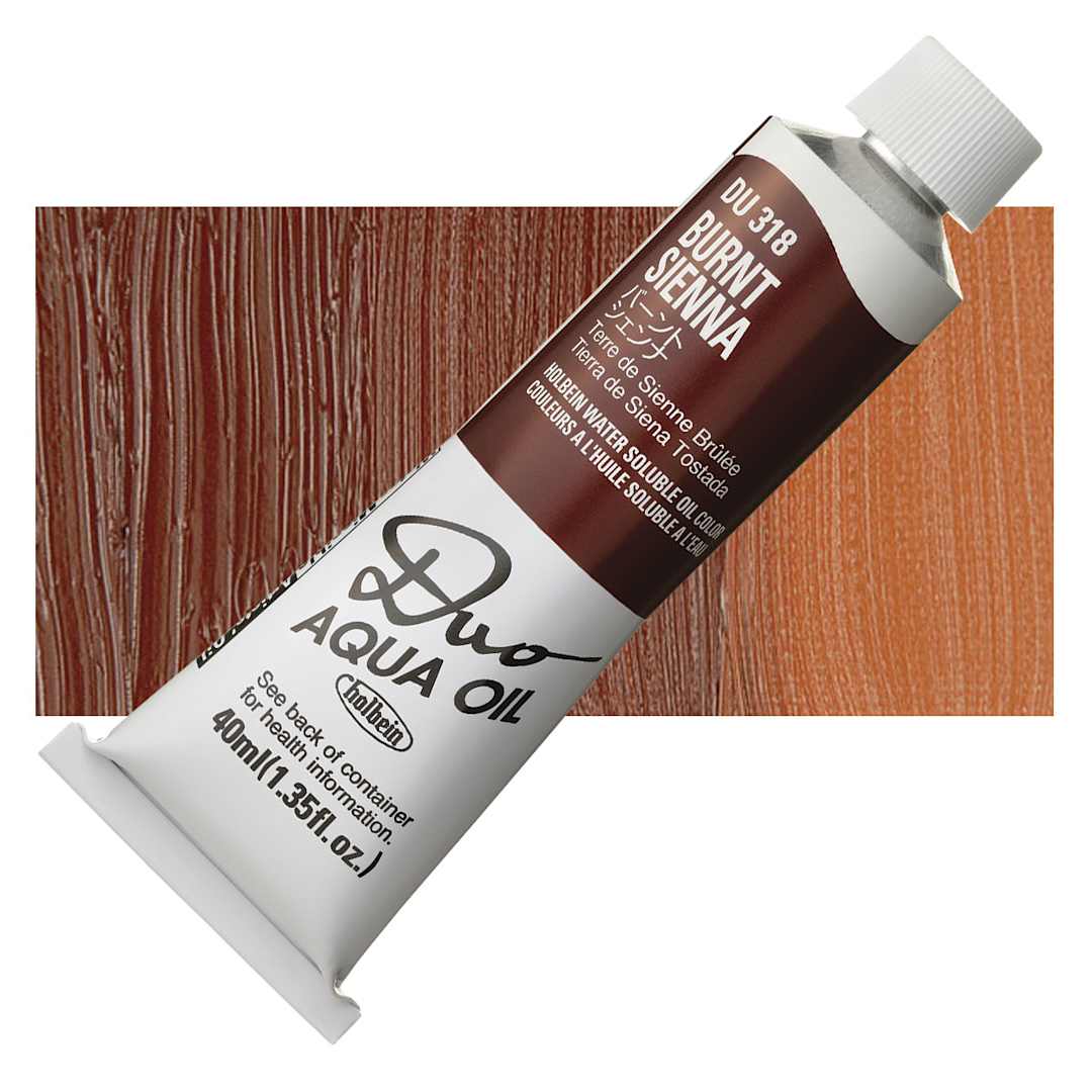 Open in modal - Holbein Duo Aqua Water Soluble Oil - Burnt Sienna, 40 ml tube and swatch