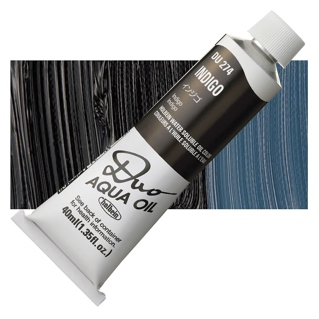 Open in modal - Holbein Duo Aqua Water Soluble Oil - Indigo, 40 ml tube and swatch