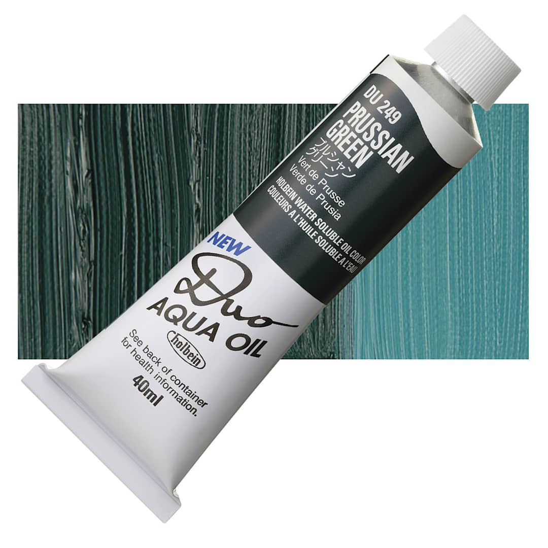 Open in modal - Holbein Duo Aqua Water Soluble Oil - Prussian Green, 40 ml tube and swatch