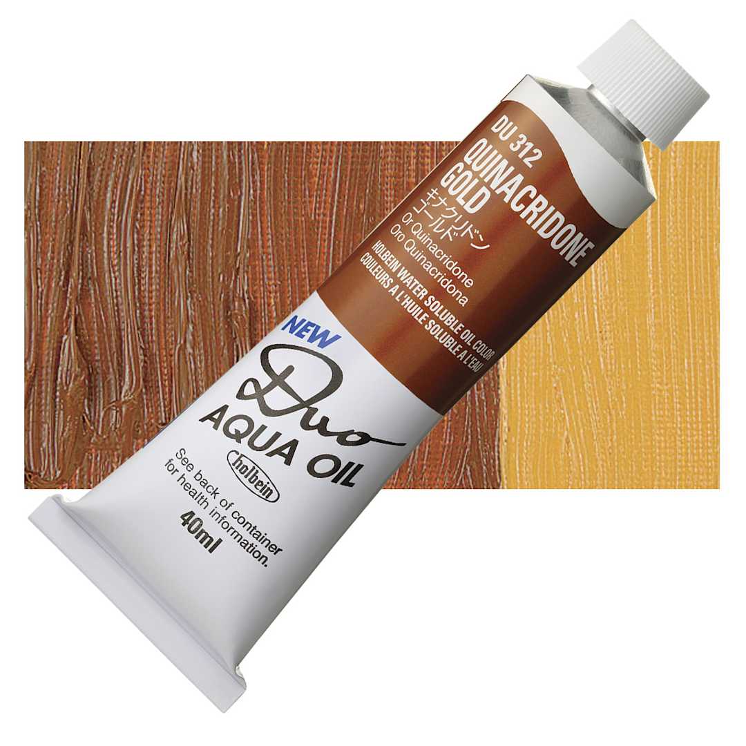 Open in modal - Holbein Duo Aqua Water Soluble Oil - Quinacridone Gold, 40 ml tube and swatch