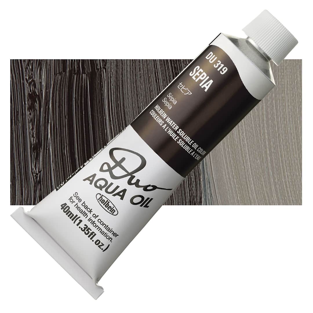 Open in modal - Holbein Duo Aqua Water Soluble Oil - Sepia, 40 ml tube and swatch