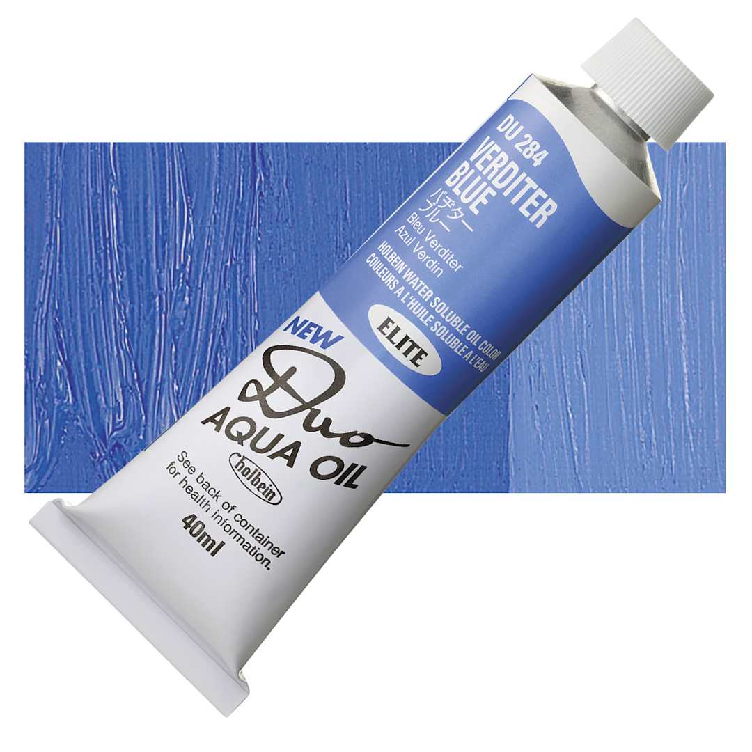 Open in modal - Holbein Duo Aqua Water Soluble Oil - Verditer Blue, 40 ml tube and swatch