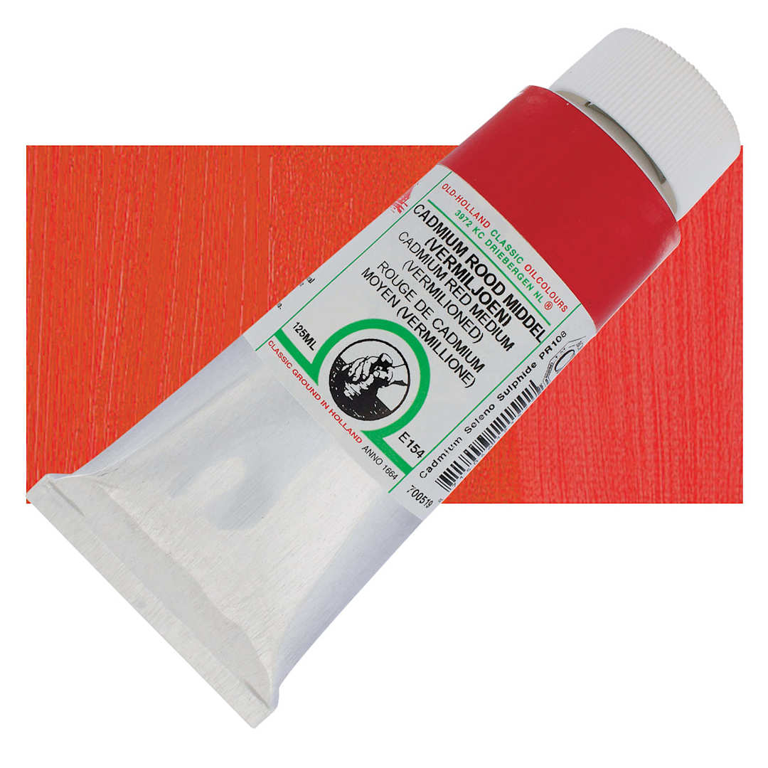 Open in modal - Old Holland Classic Oil Color - Cadmium Red Medium (Vermilioned), 125 ml tube and swatch