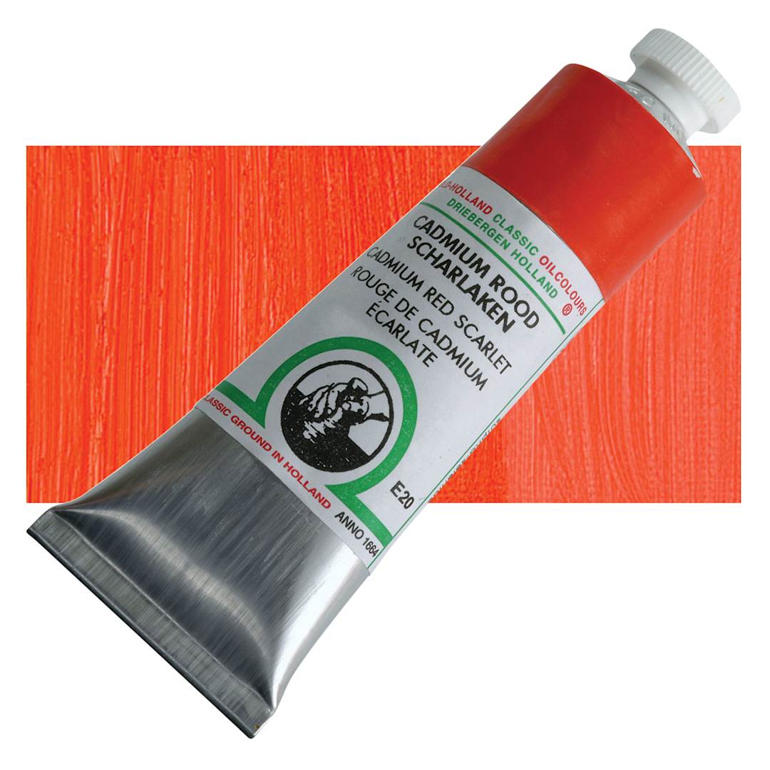 Open in modal - Old Holland Classic Oil Color - Cadmium Red Scarlet, 40 ml tube and swatch
