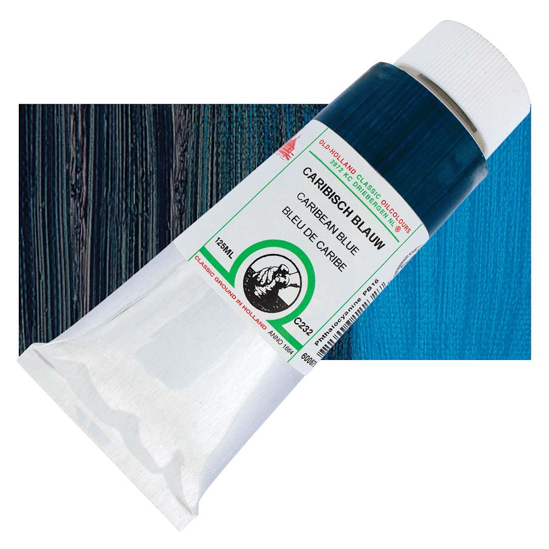 Open in modal - Old Holland Classic Oil Color - Carribean Blue, 125 ml tube and swatch