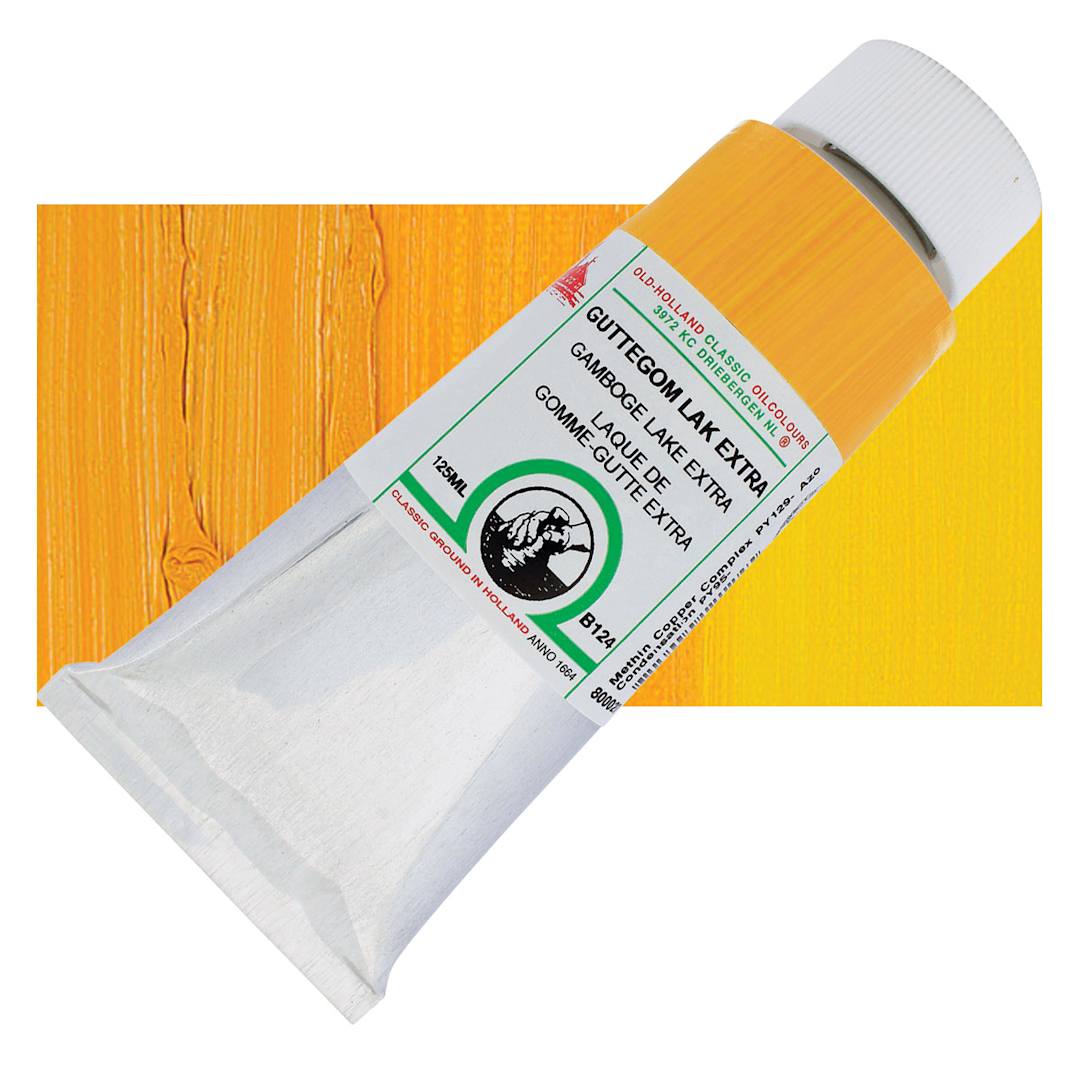 Open in modal - Old Holland Classic Oil Color - Gamboge Lake Extra, 125 ml tube and swatch