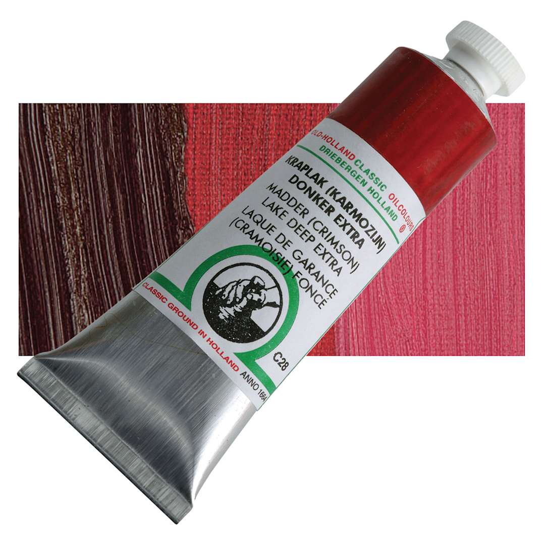 Open in modal - Old Holland Classic Oil Color - Madder (Crimson) Lake Deep Extra, 40 ml tube and swatch