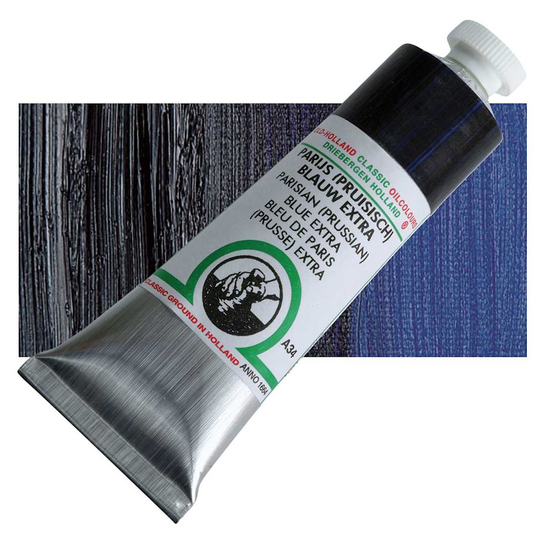 Open in modal - Old Holland Classic Oil Color - Parisian (Prussian) Blue Extra, 40 ml tube and swatch