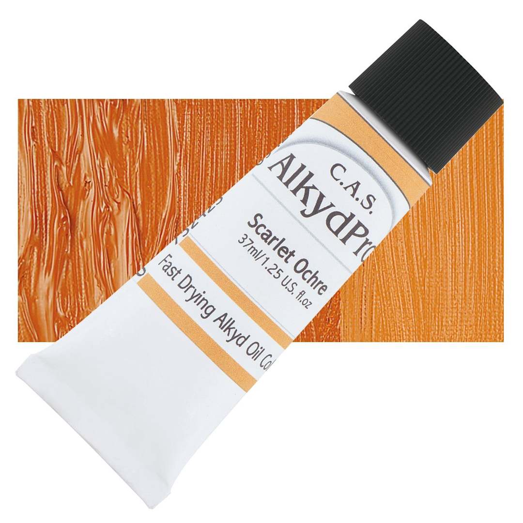 Open in modal - CAS AlkydPro Fast-Drying Alkyd Oil Color - Scarlet Ochre, 37 ml tube and swatch
