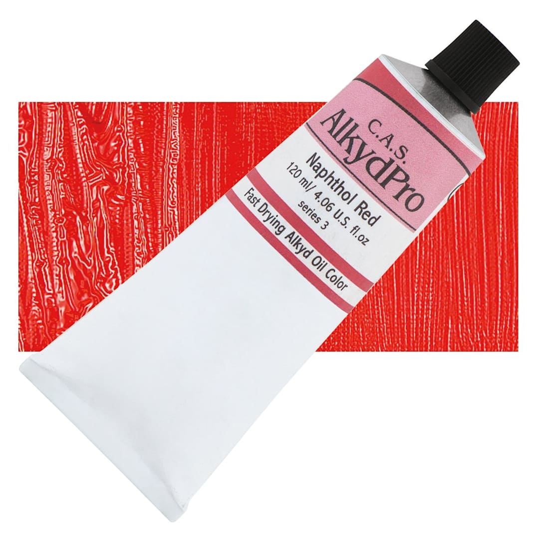 Open in modal - CAS AlkydPro Fast-Drying Alkyd Oil Color - Naphthol Red, 120 ml tube and swatch