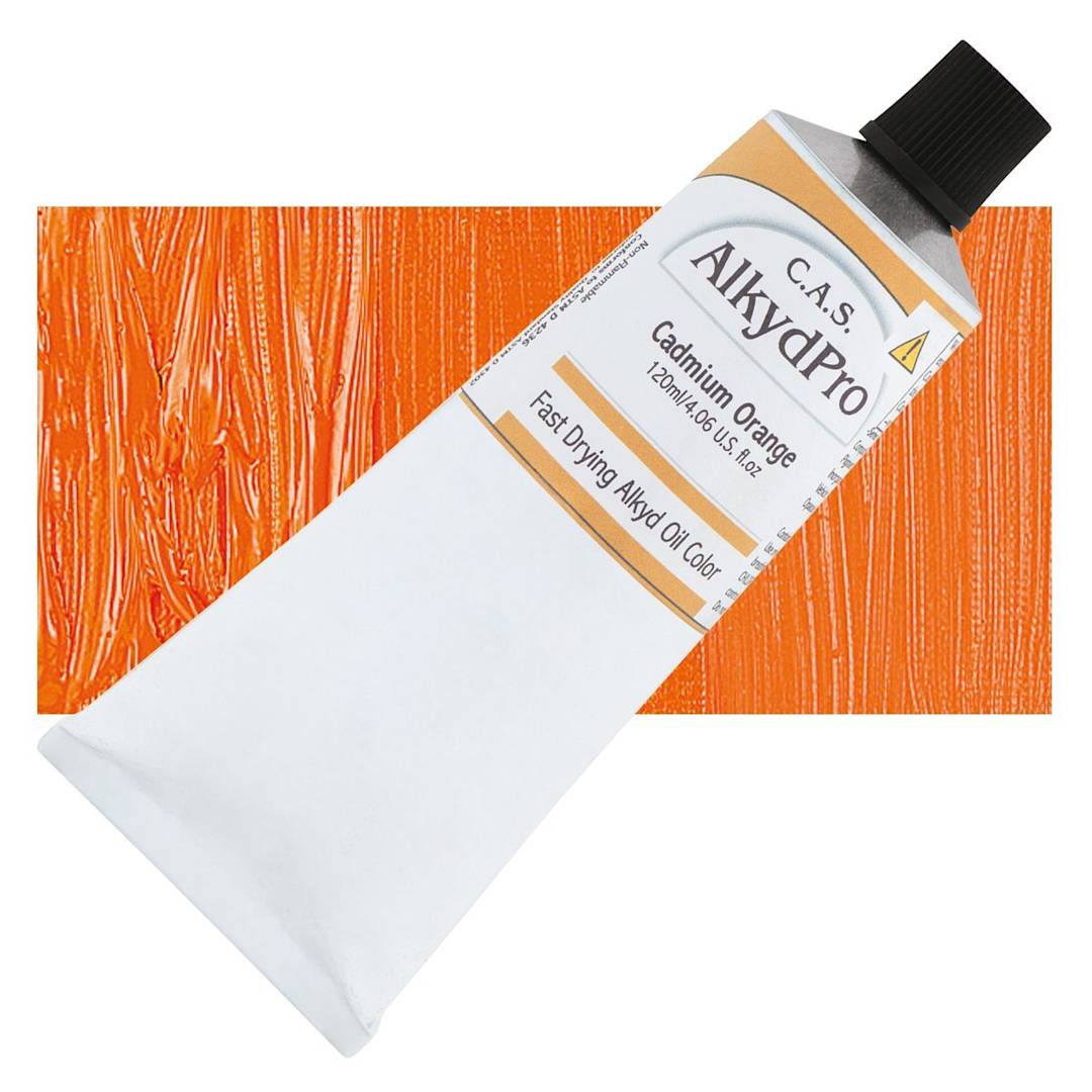 Open in modal - CAS AlkydPro Fast-Drying Alkyd Oil Color - Cadmium Orange, 120 ml tube and swatch