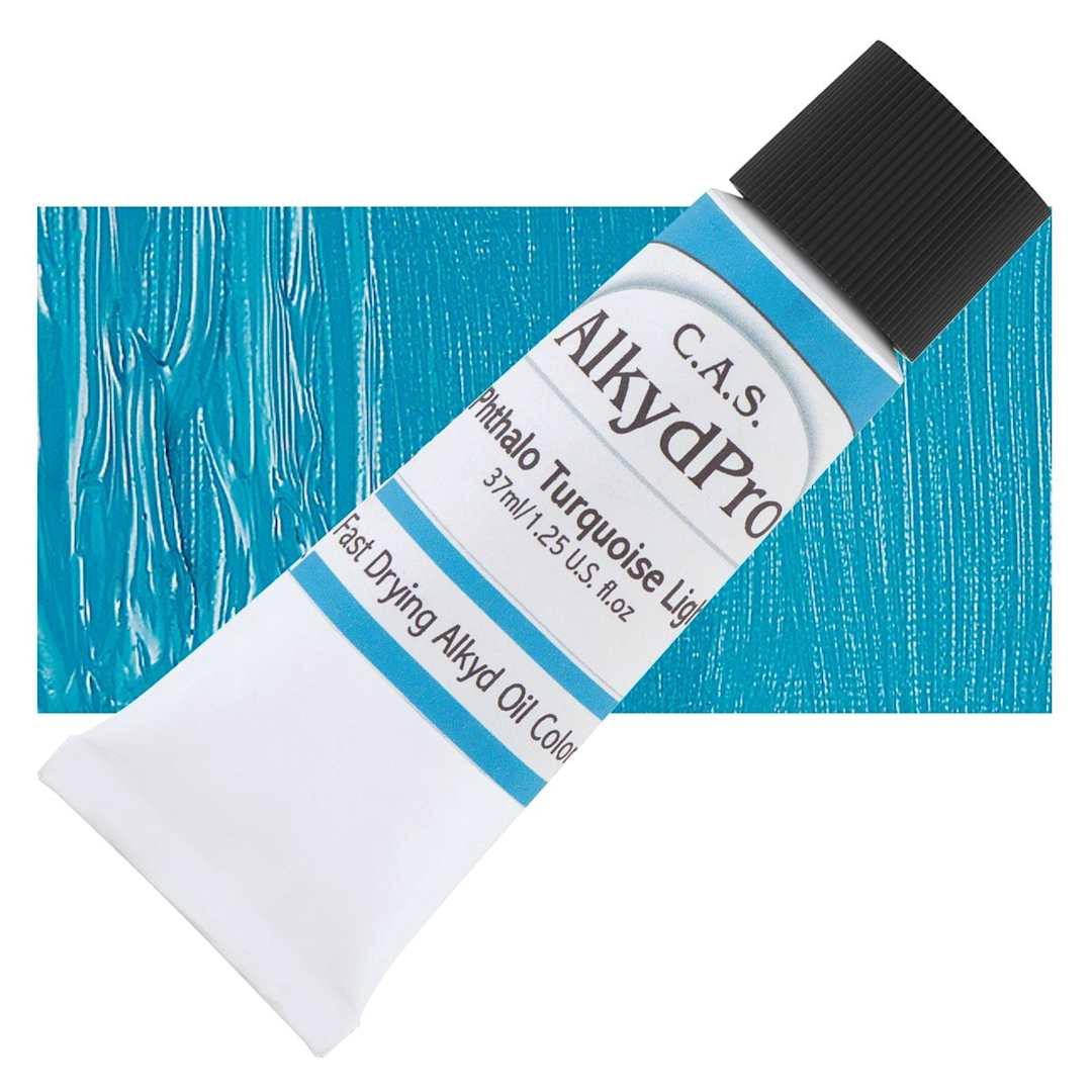 Open in modal - CAS AlkydPro Fast-Drying Alkyd Oil Color - Phthalo Turquoise Light, 37 ml tube and swatch