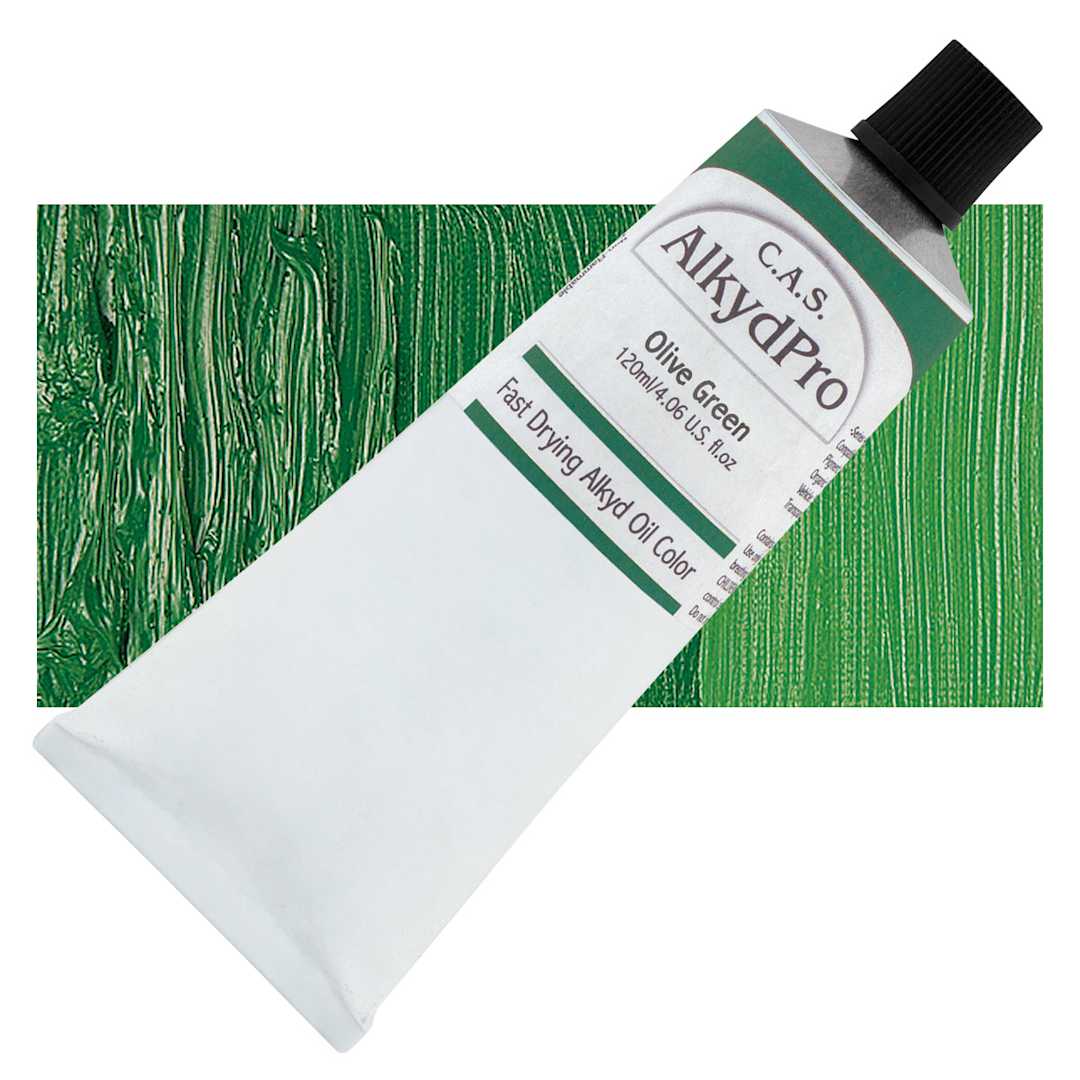 Open in modal - CAS AlkydPro Fast-Drying Alkyd Oil Color - Olive Green, 120 ml tube and swatch
