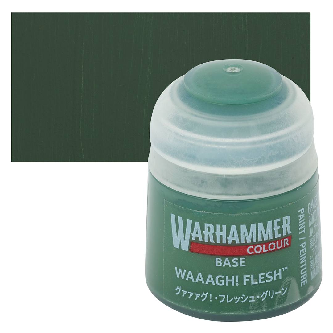 Open in modal - Warhammer Base Acrylic Paint - Waaagh! Flesh, 12 ml jar and swatch
