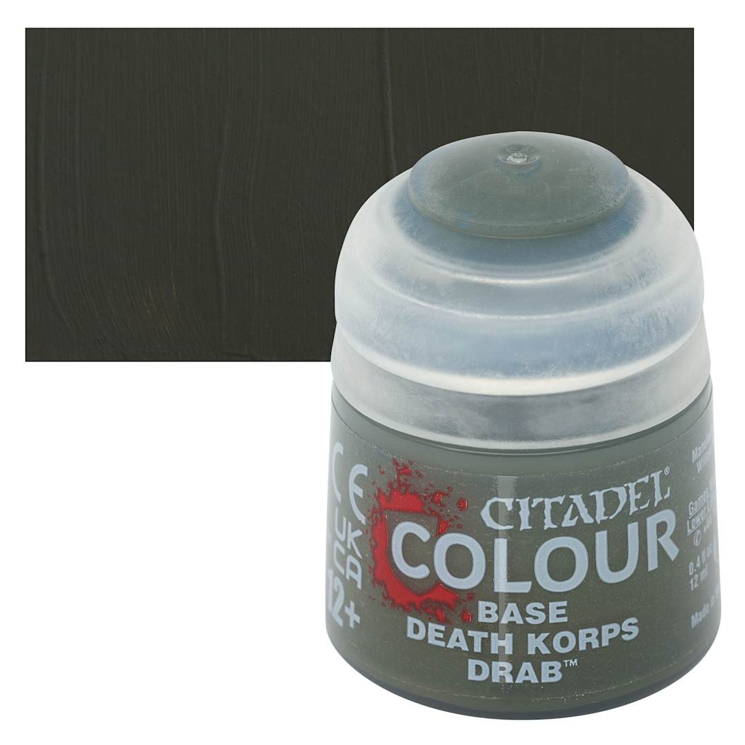 Open in modal - Warhammer Base Acrylic Paint - Death Korps Drab, 12 ml jar and swatch