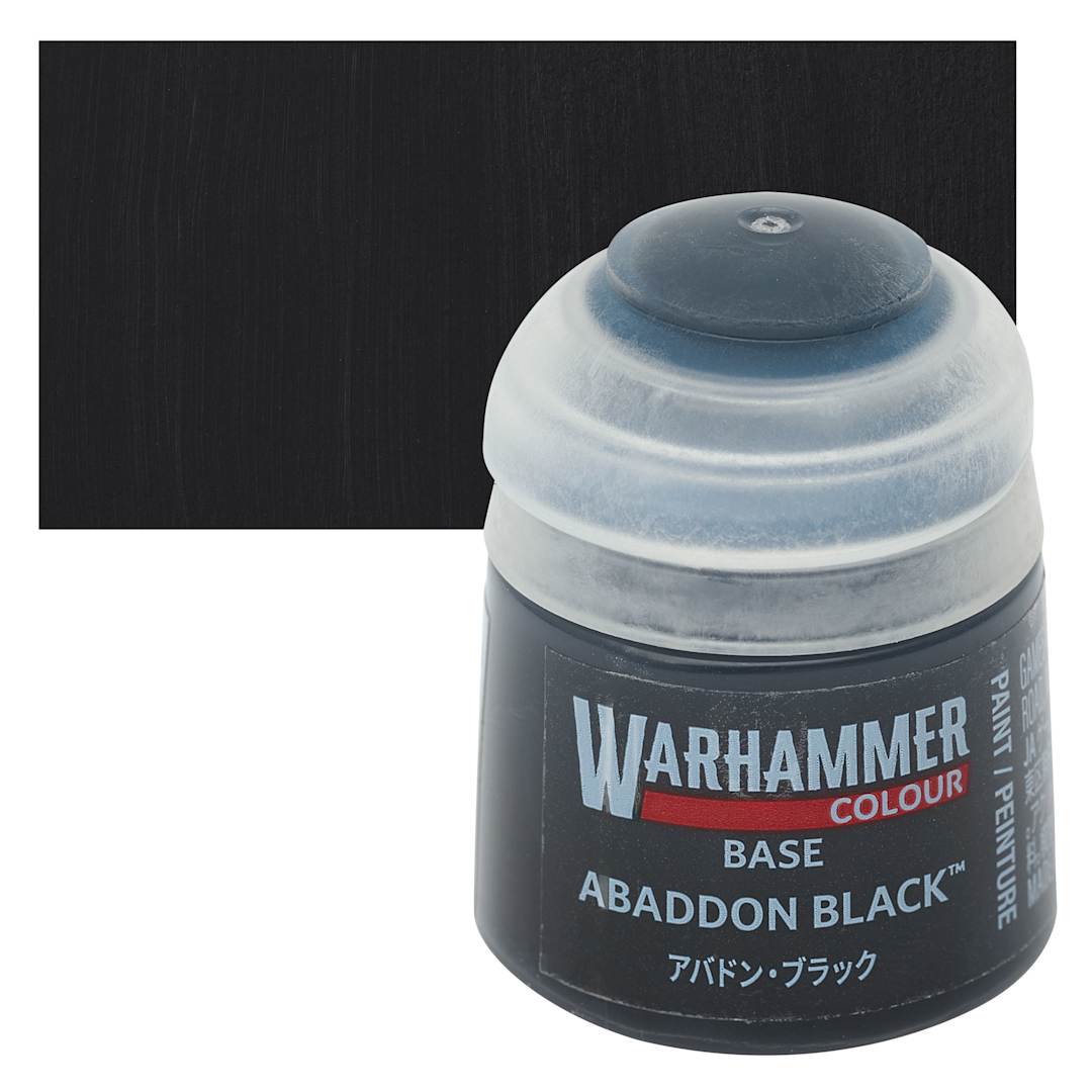 Open in modal - Warhammer Base Acrylic Paint - Abaddon Black, 12 ml jar and swatch