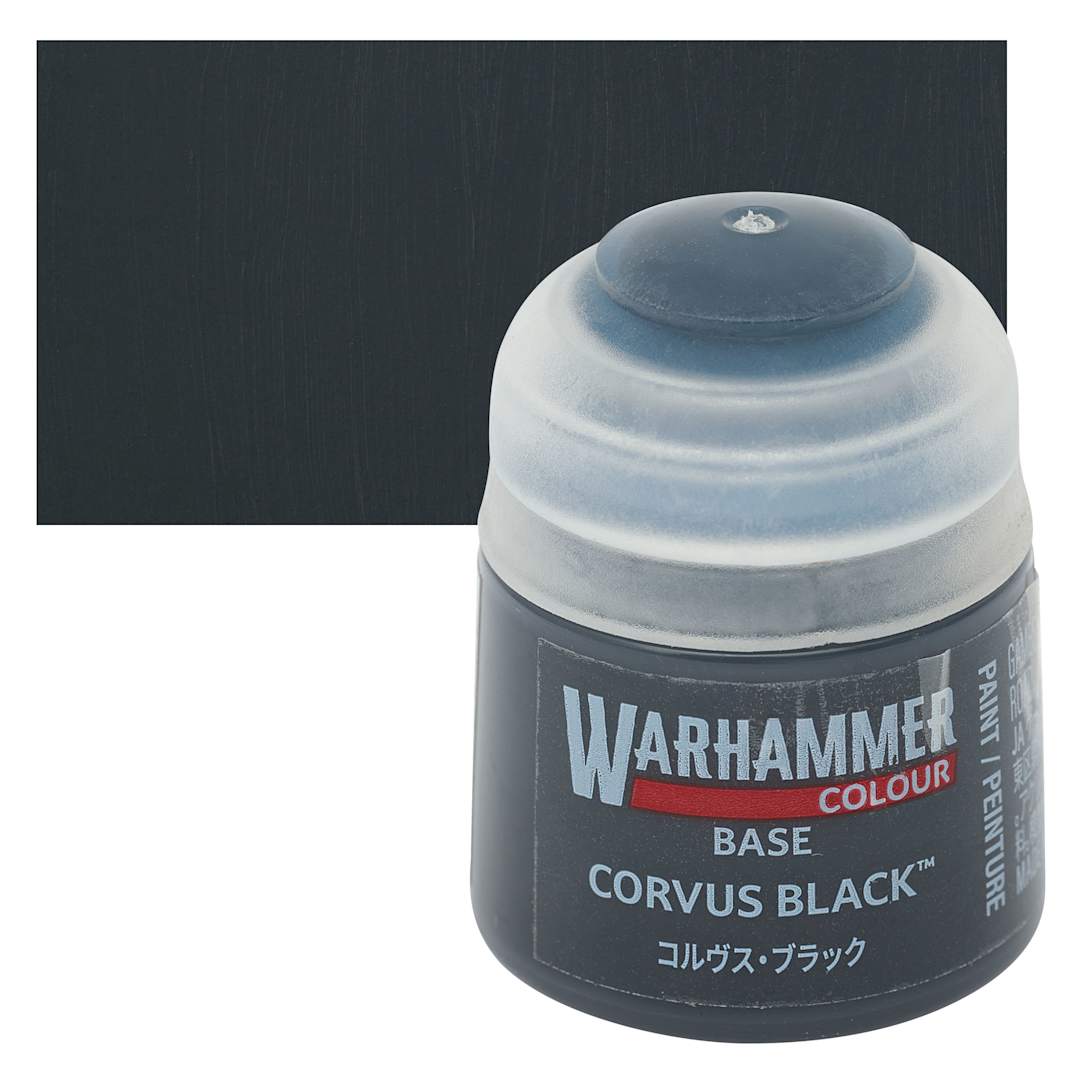 Open in modal - Warhammer Base Acrylic Paint - Corvus Black, 12 ml jar and swatch