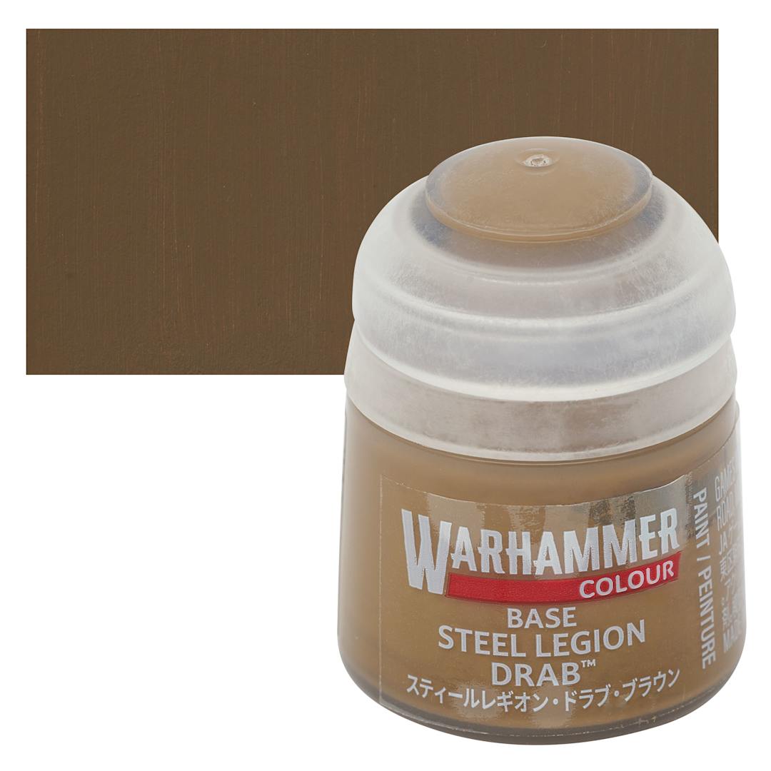 Open in modal - Warhammer Base Acrylic Paint - Steel Legion Drab, 12 ml jar and swatch