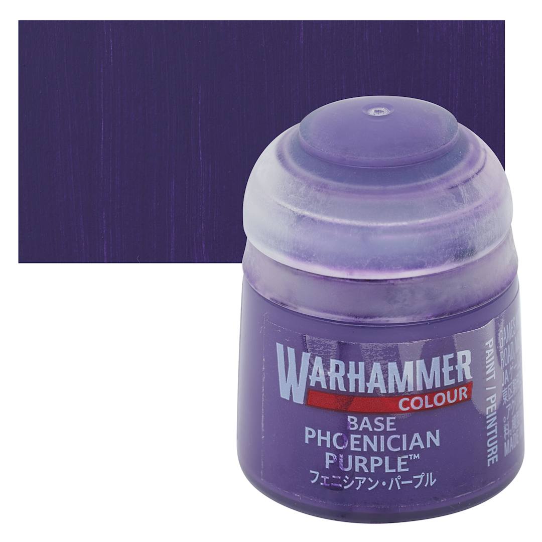 Open in modal - Warhammer Base Acrylic Paint - Phoenician Purple, 12 ml jar and swatch