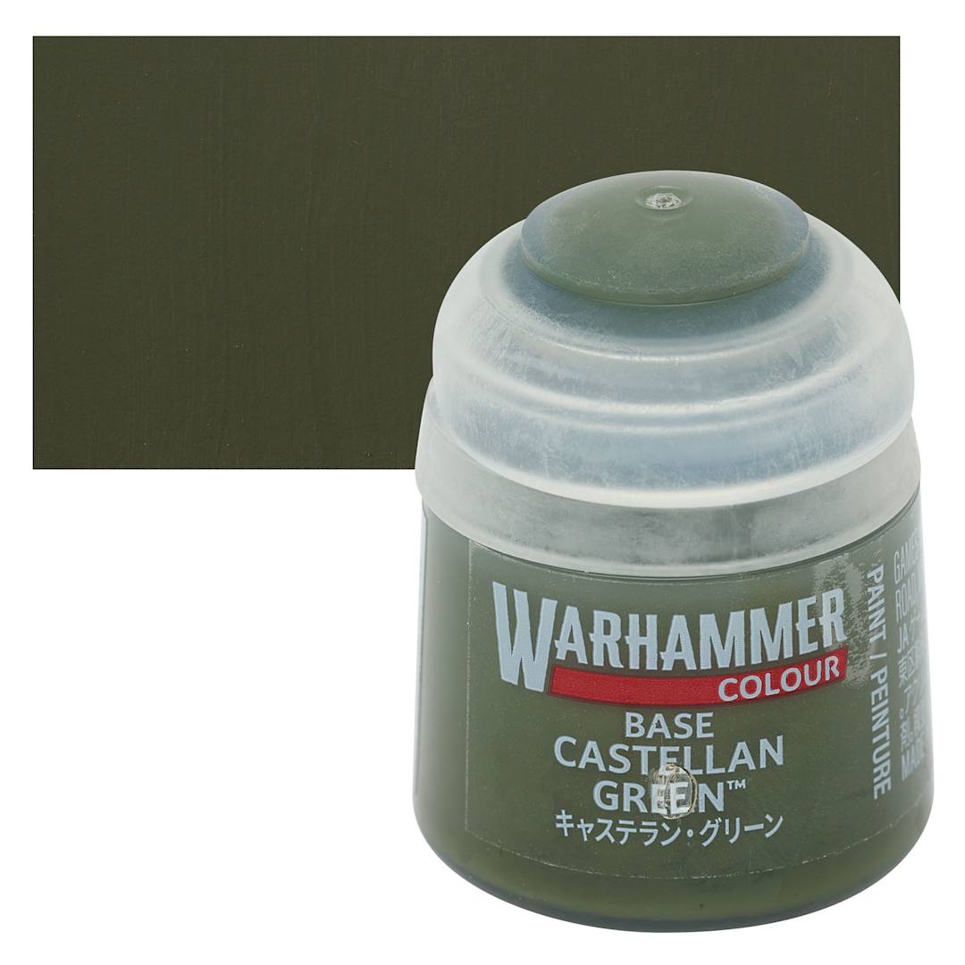 Open in modal - Warhammer Base Acrylic Paint - Castellan Green, 12 ml jar and swatch