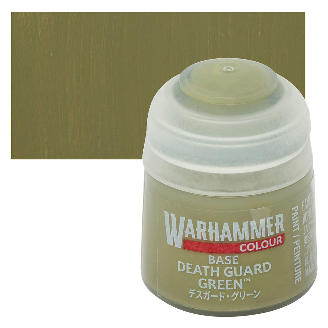 Open in modal - Warhammer Base Acrylic Paint - Death Guard Green, 12 ml jar and swatch