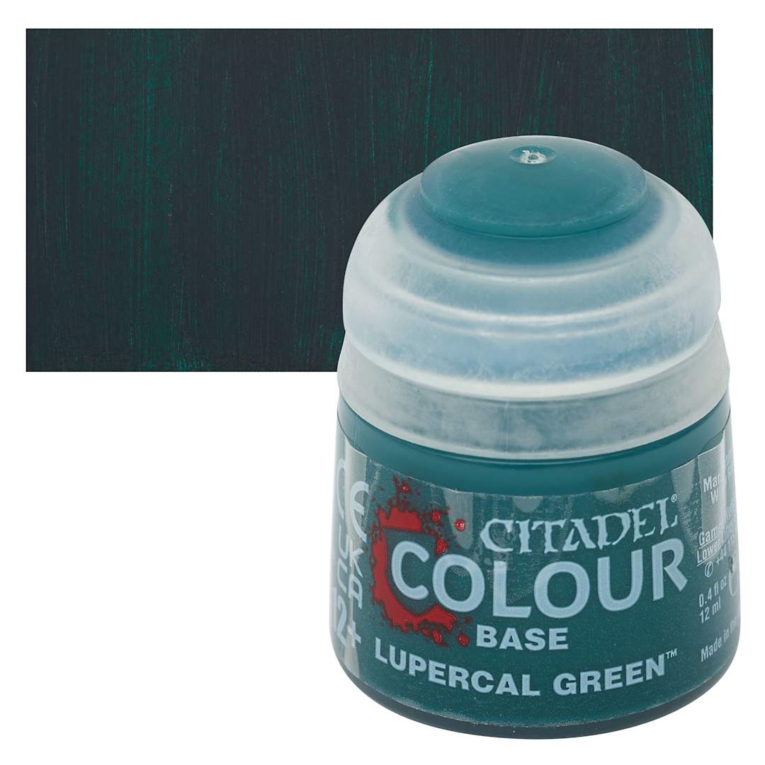 Open in modal - Warhammer Base Acrylic Paint - Lupercal Green, 12 ml jar and swatch