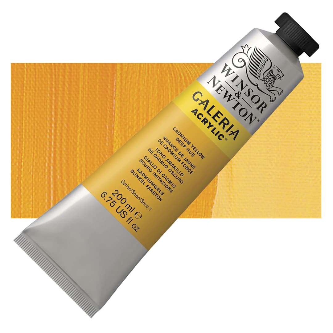Open in modal - Winsor & Newton Galeria Flow Acrylic - Cadmium Yellow Deep Hue, 200 ml tube and swatch