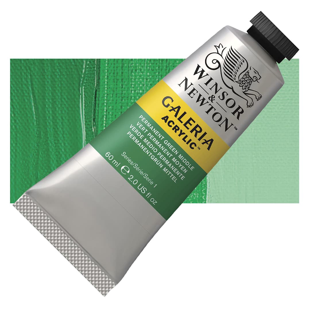 Open in modal - Winsor & Newton Galeria Flow Acrylic - Permanent Green Middle, 60 ml tube and swatch