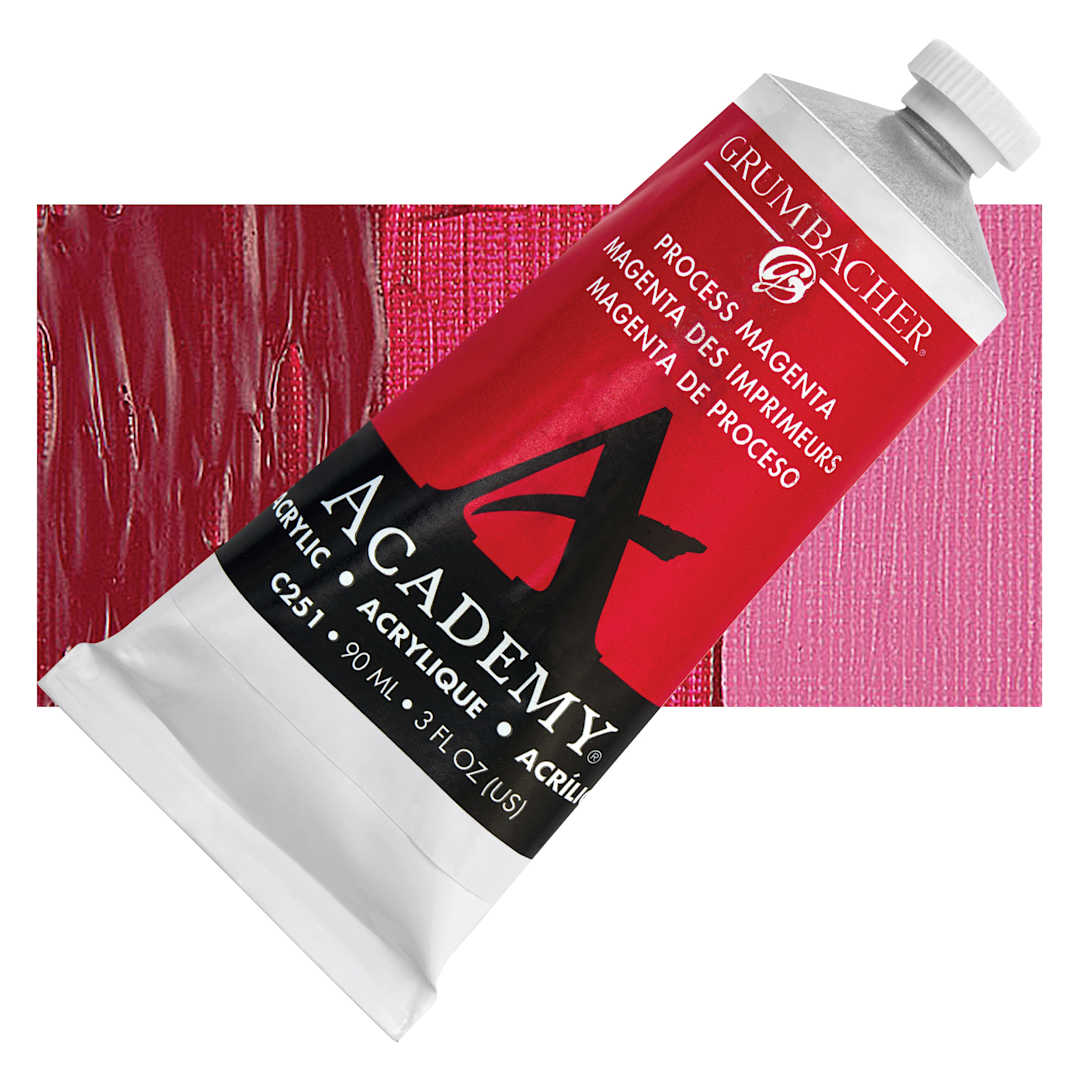 Open in modal - Grumbacher Academy Acrylic - Process Magenta, 90 ml tube and swatch