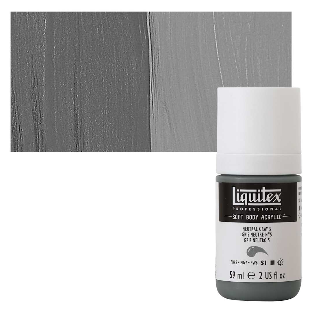 Open in modal - Liquitex Soft Body Artist Acrylic - Neutral Gray 5, 59 ml bottle and swatch