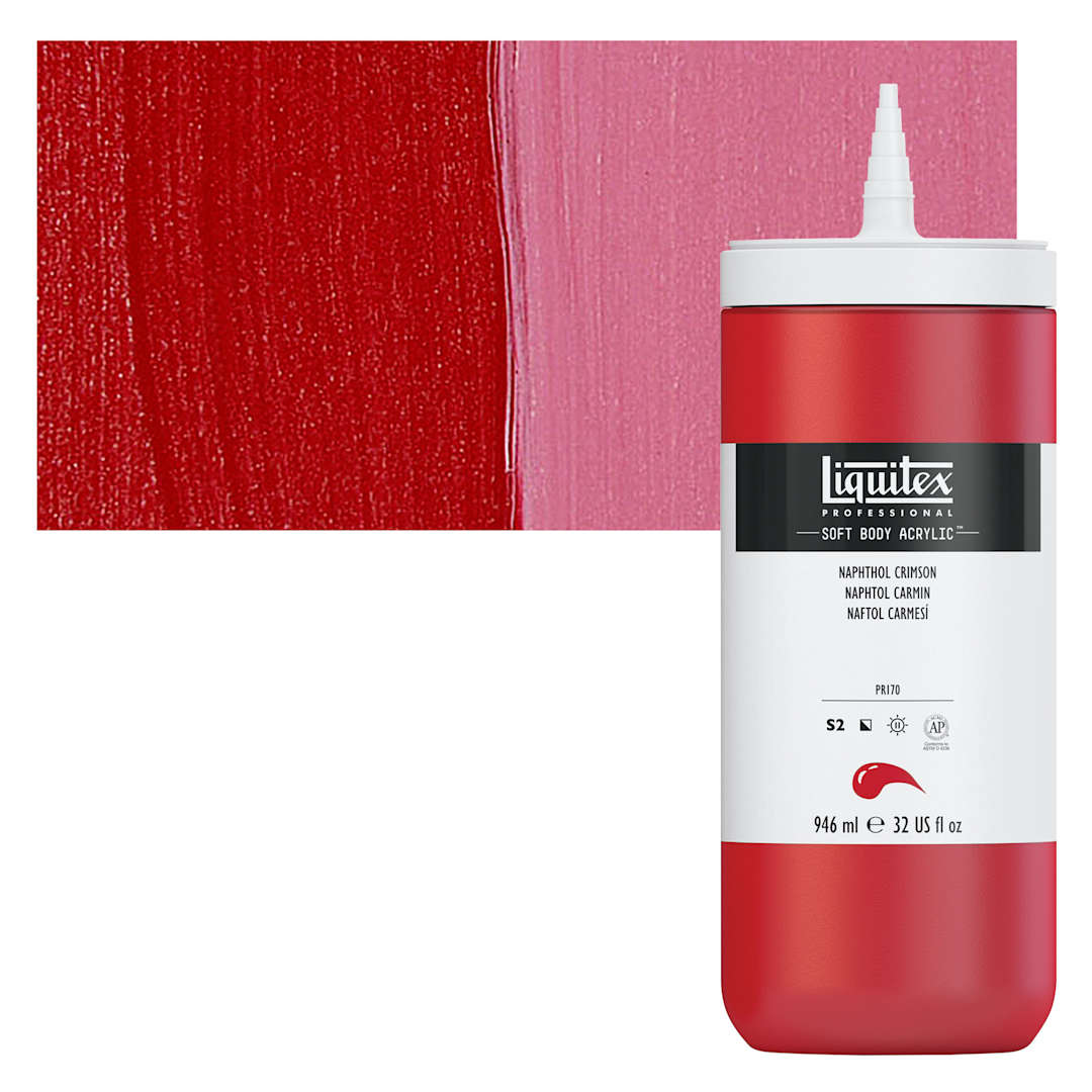 Open in modal - Liquitex Soft Body Artist Acrylic - Naphthol Crimson, 946 ml bottle and swatch