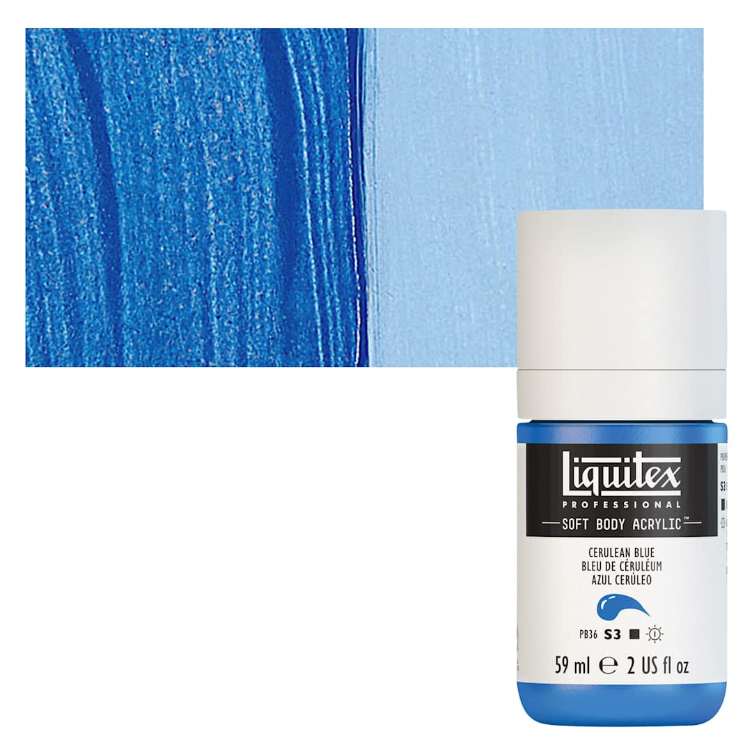 Open in modal - Liquitex Soft Body Artist Acrylic - Cerulean Blue, 59 ml bottle and swatch