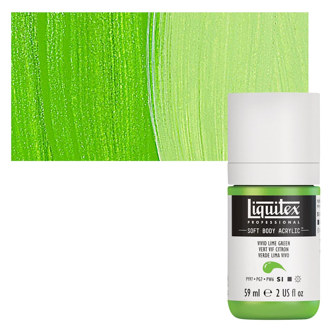 Open in modal - Liquitex Soft Body Artist Acrylis - Vivid Lime Green, 59 ml bottle and swatch