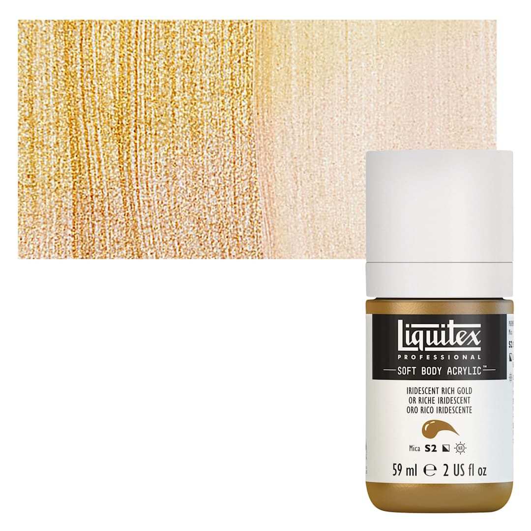 Open in modal - Liquitex Soft Body Artist Acrylic - Iridescent Rich Gold, 59 ml bottle and swatch